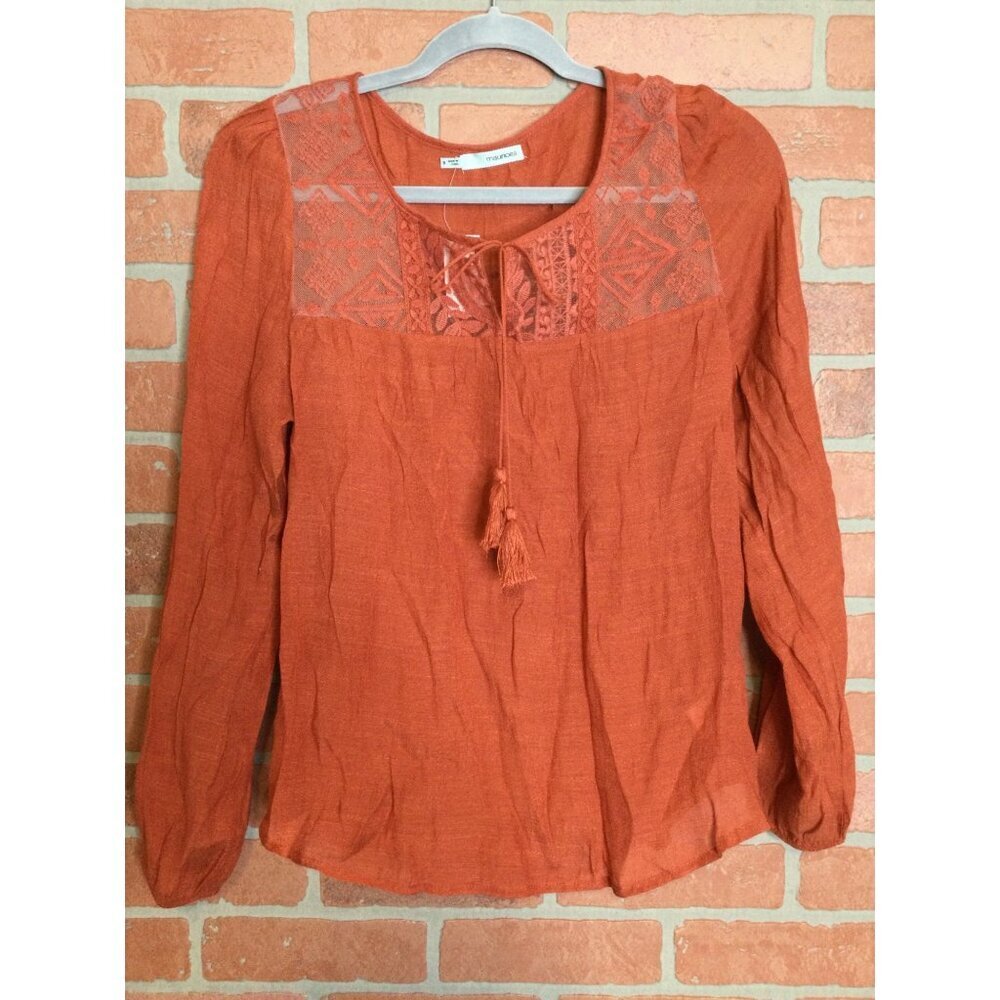 NWT Maurices Women's Boho Top S Rust Lace Detail Long Sleeve Blouse Tassels